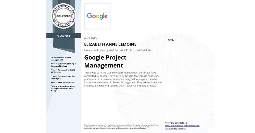 Google Project Management Professional Certificate certificate