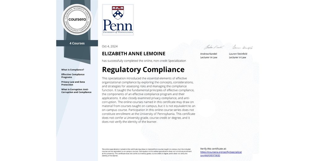 Regulatory Compliance certificate