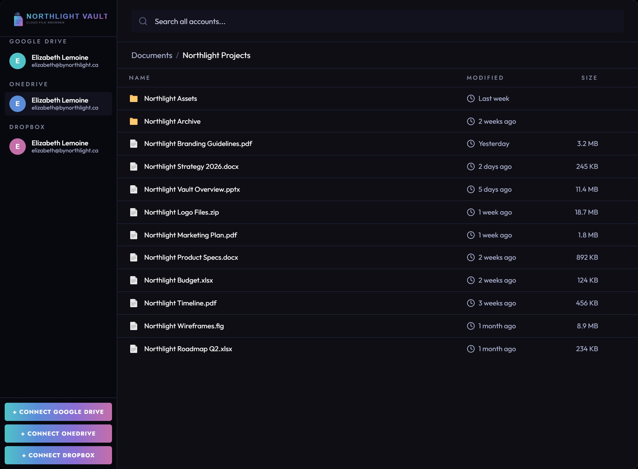 Northlight Vault app showing a Documents folder with Northlight project files listed across connected cloud accounts