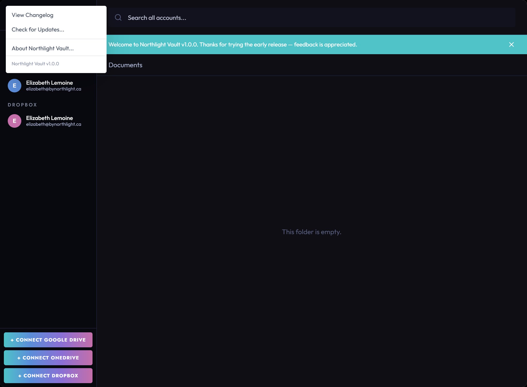 Vault sidebar showing Google Drive, OneDrive, and Dropbox accounts all connected under a single elizabeth@bynorthlight.ca account